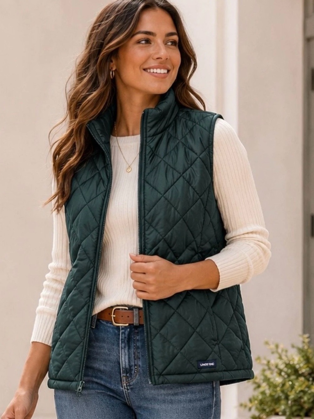 Lands’ End Women’s Green Diamond Quilted Vest Size L 14-16 Lightweight
